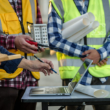 engineers discussing a solar energy project with a small solar panel model on the table, a laptop
