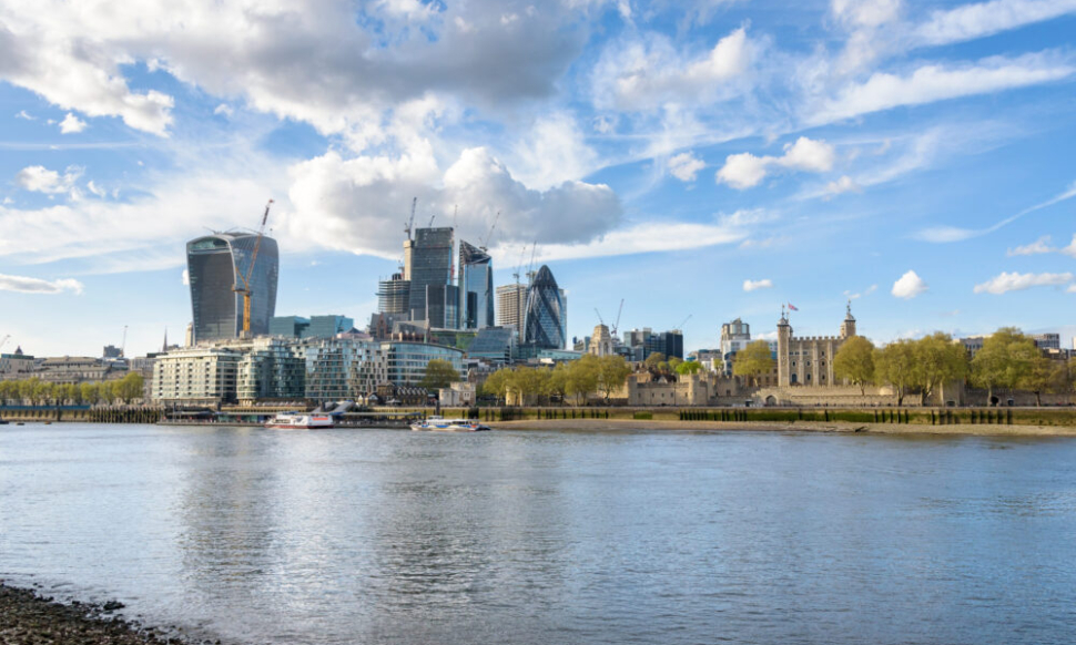 Skyline of London with Tower of London and City buildings