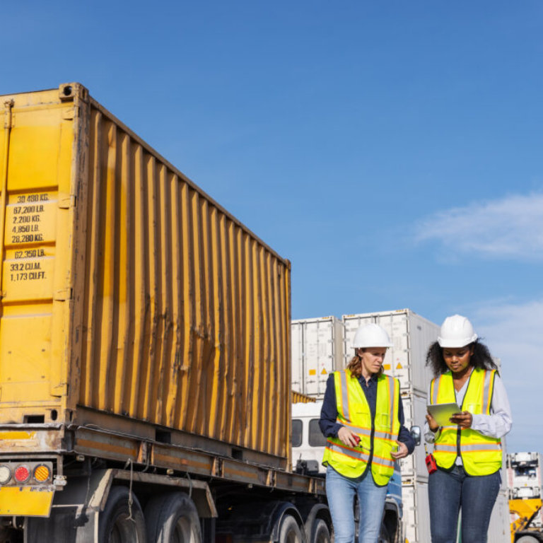Two female workers wearing safety vests and hard hats standing on-site